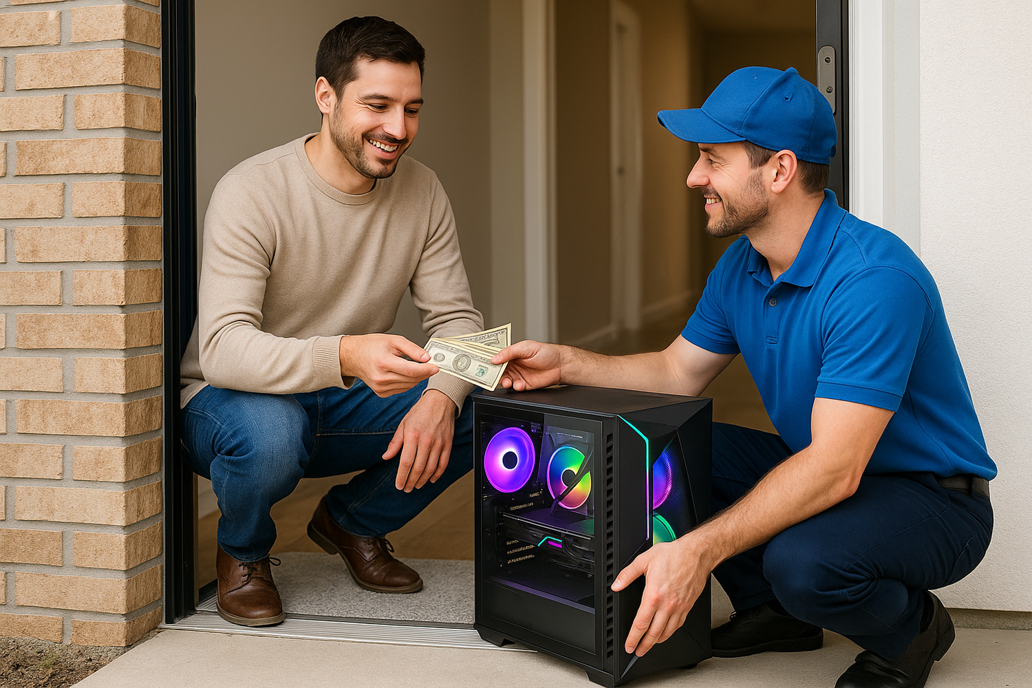 QUIERO UNA IMAGEN DONDE SE VE A AUNA PERSONA RECIBIENDO UN GABINETE GAMER Y PAGANDO CONTRA ENTREGA